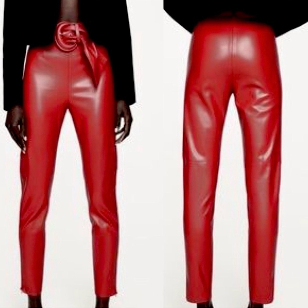 Zara Red Belted Faux Leather High-Waisted Pants